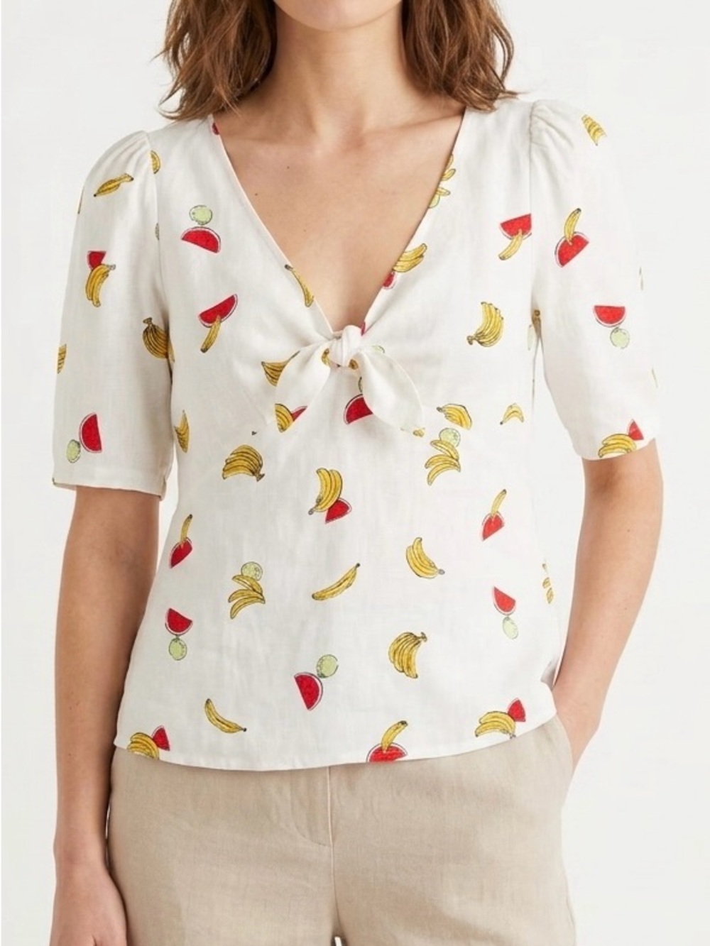 White Fruit Print Linen Viscose Tie Front Short Sleeve Blouse M